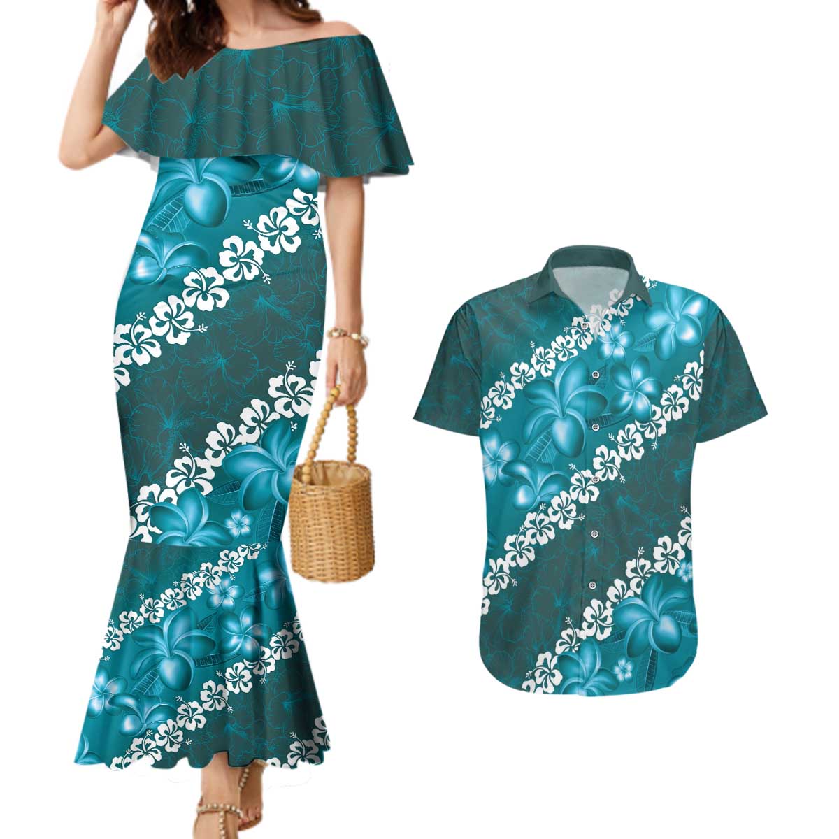 Vintage Dark Cyan Polynesia Couples Matching Mermaid Dress and Hawaiian Shirt Plumeria With Hibiscus Tropical Vibes LT14 Dark Cyan - Polynesian Pride
