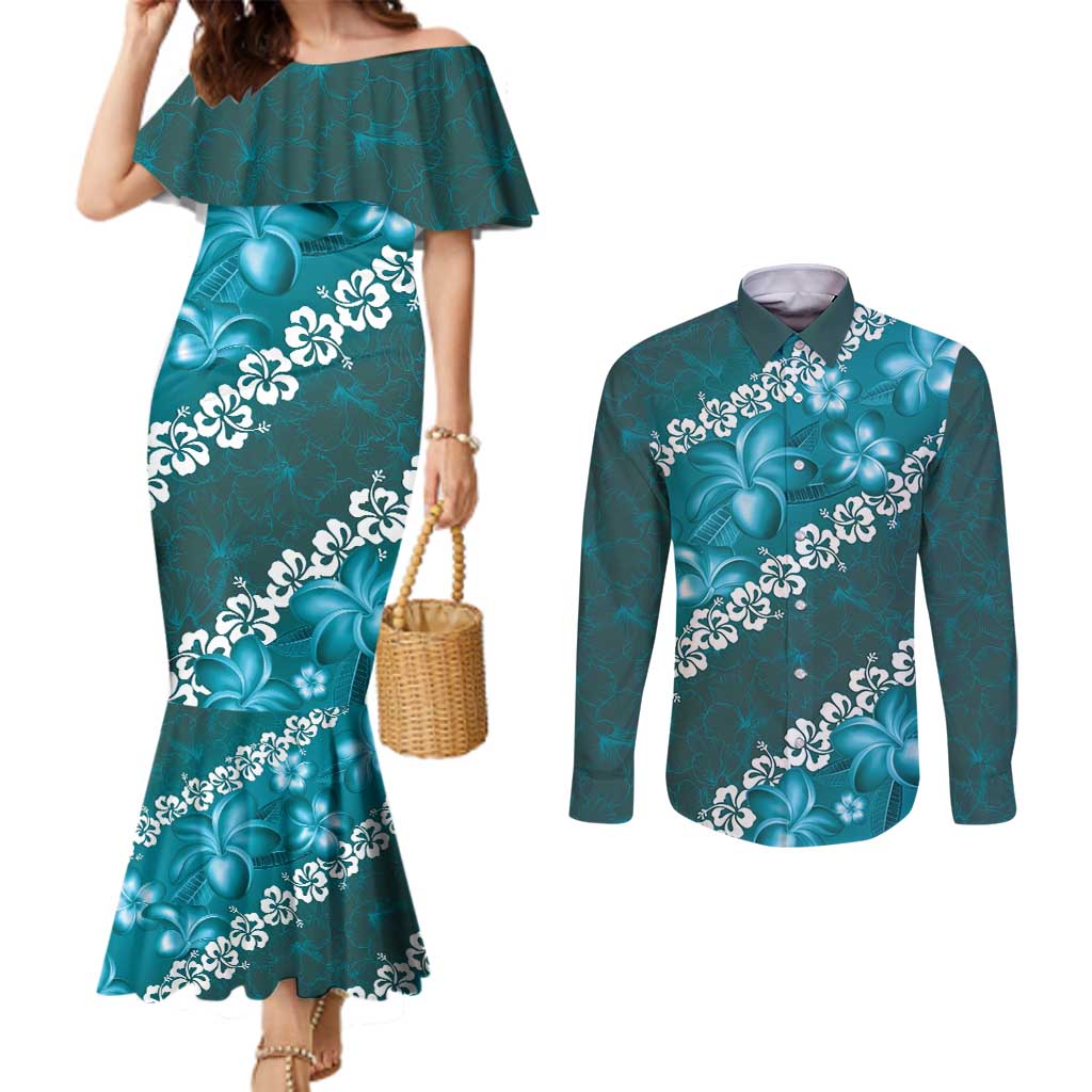 Vintage Dark Cyan Polynesia Couples Matching Mermaid Dress and Long Sleeve Button Shirt Plumeria With Hibiscus Tropical Vibes LT14 Dark Cyan - Polynesian Pride