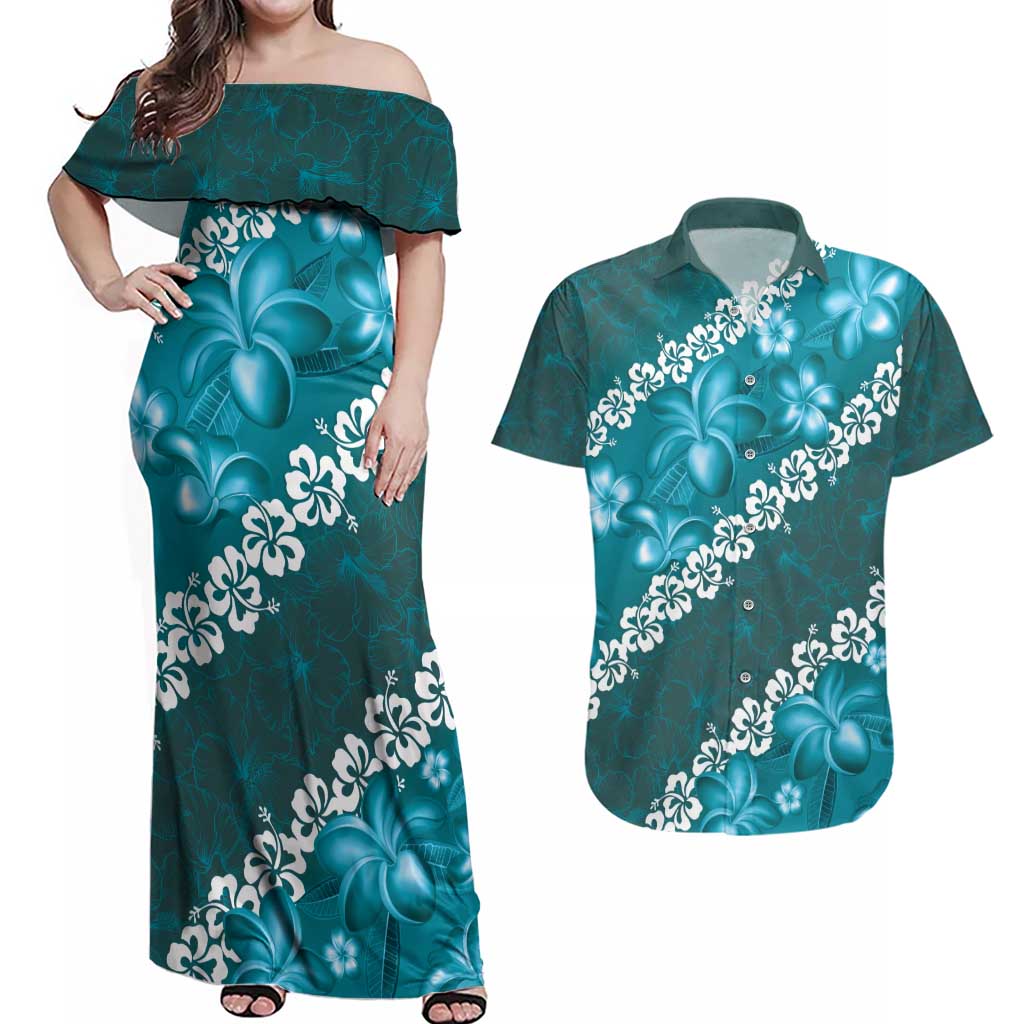 Vintage Dark Cyan Polynesia Couples Matching Off Shoulder Maxi Dress and Hawaiian Shirt Plumeria With Hibiscus Tropical Vibes LT14 Dark Cyan - Polynesian Pride
