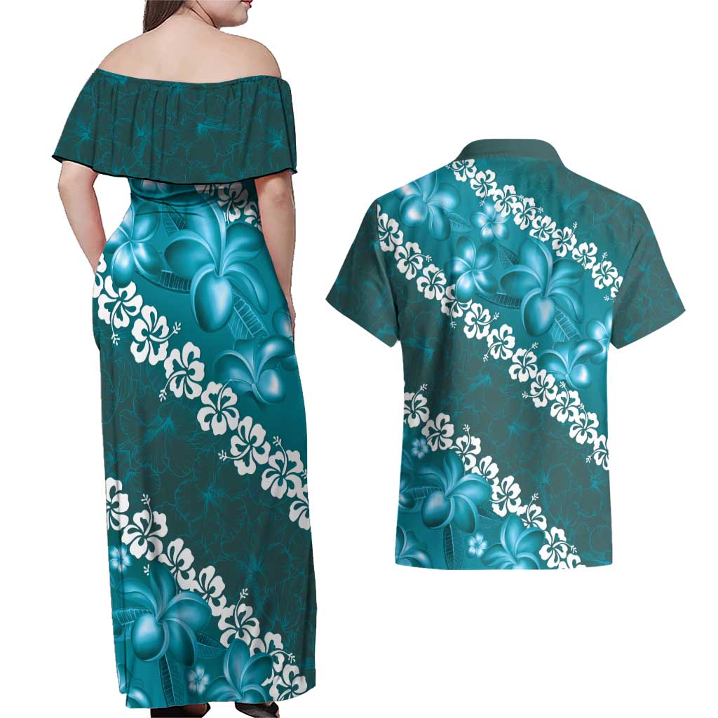 Vintage Dark Cyan Polynesia Couples Matching Off Shoulder Maxi Dress and Hawaiian Shirt Plumeria With Hibiscus Tropical Vibes LT14 - Polynesian Pride