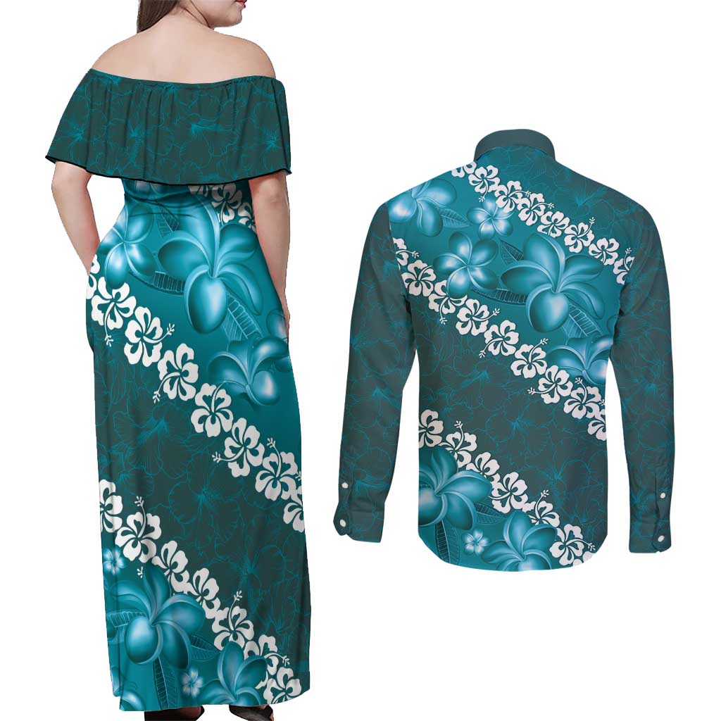 Vintage Dark Cyan Polynesia Couples Matching Off Shoulder Maxi Dress and Long Sleeve Button Shirt Plumeria With Hibiscus Tropical Vibes LT14 - Polynesian Pride