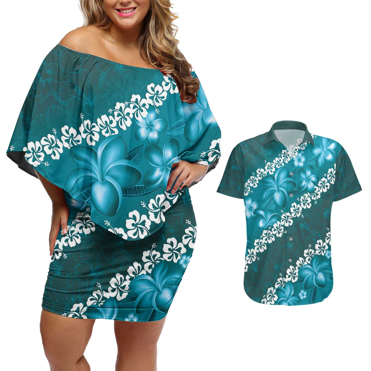Vintage Dark Cyan Polynesia Couples Matching Off Shoulder Short Dress and Hawaiian Shirt Plumeria With Hibiscus Tropical Vibes LT14 Dark Cyan - Polynesian Pride