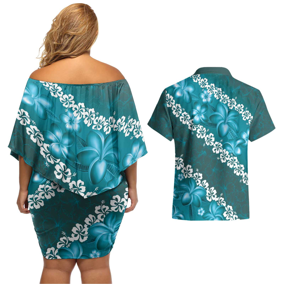 Vintage Dark Cyan Polynesia Couples Matching Off Shoulder Short Dress and Hawaiian Shirt Plumeria With Hibiscus Tropical Vibes LT14 - Polynesian Pride