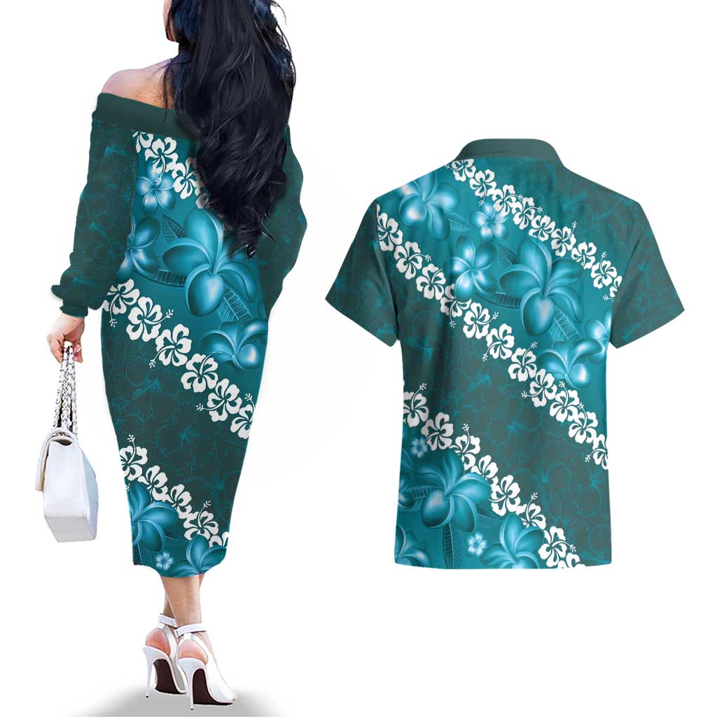Vintage Dark Cyan Polynesia Couples Matching Off The Shoulder Long Sleeve Dress and Hawaiian Shirt Plumeria With Hibiscus Tropical Vibes LT14 - Polynesian Pride