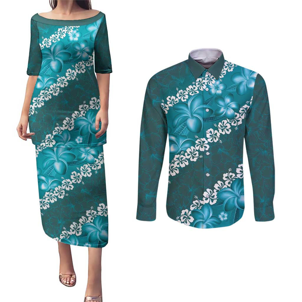 Vintage Dark Cyan Polynesia Couples Matching Puletasi and Long Sleeve Button Shirt Plumeria With Hibiscus Tropical Vibes LT14 Dark Cyan - Polynesian Pride