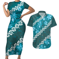 Vintage Dark Cyan Polynesia Couples Matching Short Sleeve Bodycon Dress and Hawaiian Shirt Plumeria With Hibiscus Tropical Vibes LT14 Dark Cyan - Polynesian Pride