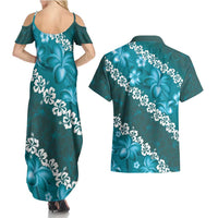 Vintage Dark Cyan Polynesia Couples Matching Summer Maxi Dress and Hawaiian Shirt Plumeria With Hibiscus Tropical Vibes LT14 - Polynesian Pride