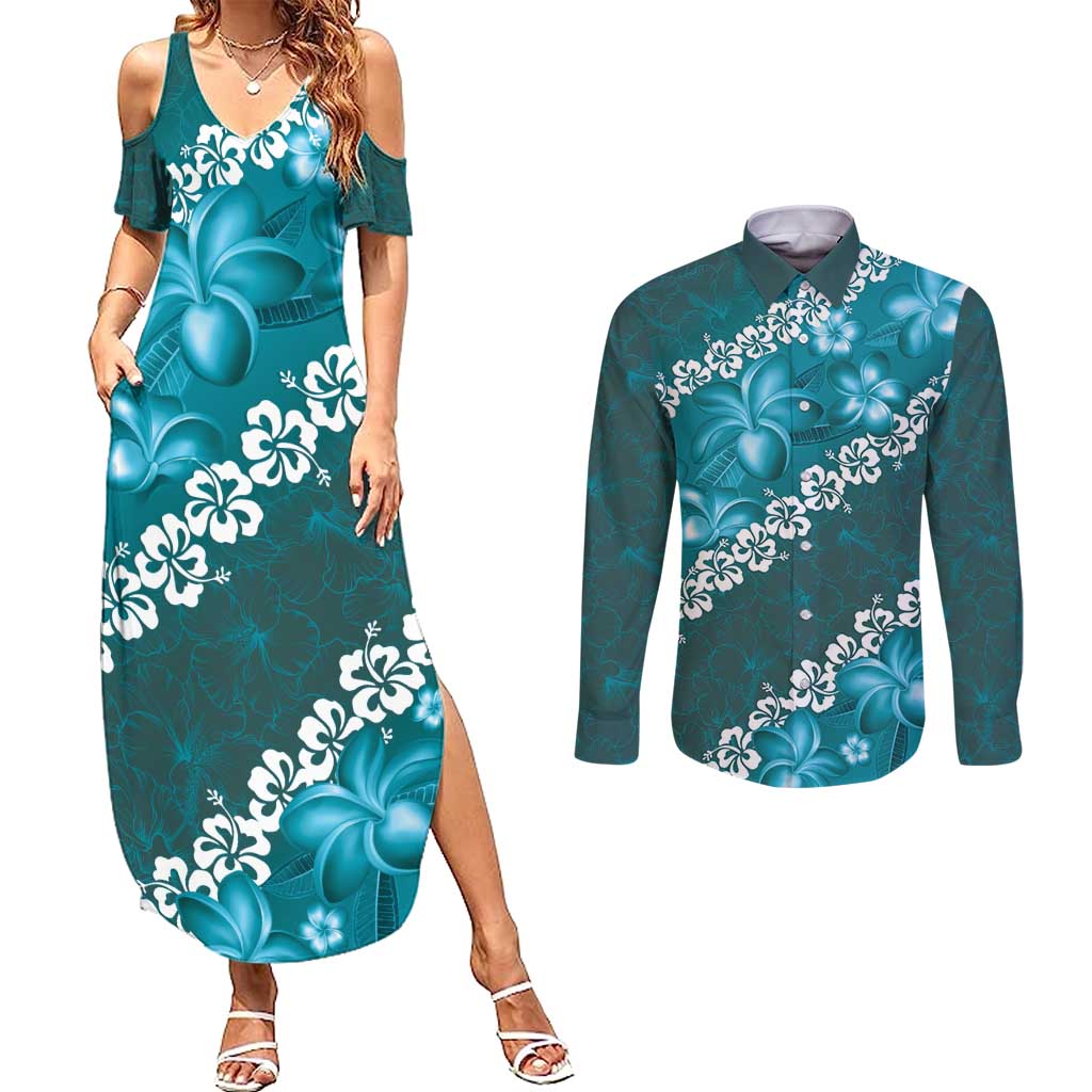 Vintage Dark Cyan Polynesia Couples Matching Summer Maxi Dress and Long Sleeve Button Shirt Plumeria With Hibiscus Tropical Vibes LT14 Dark Cyan - Polynesian Pride