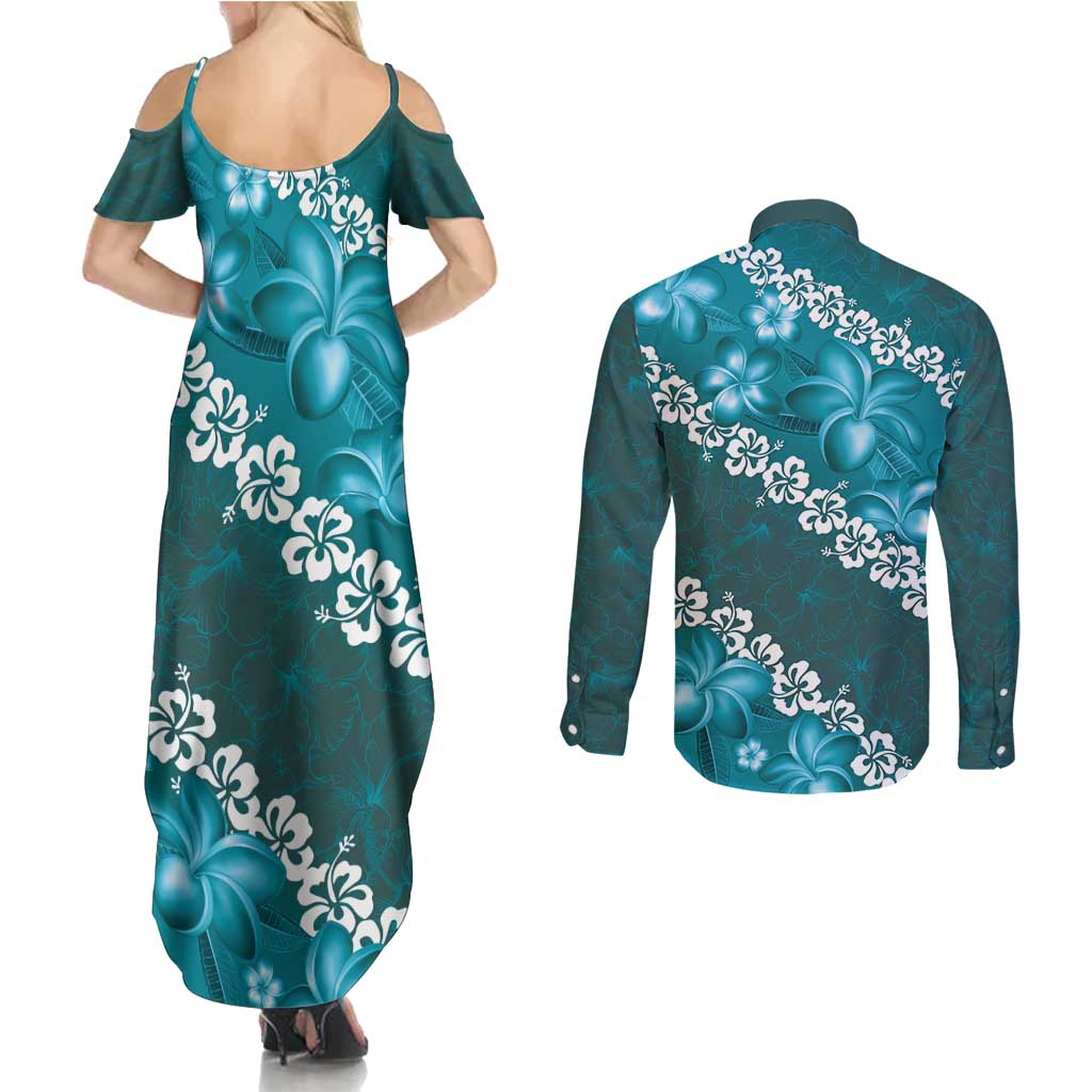Vintage Dark Cyan Polynesia Couples Matching Summer Maxi Dress and Long Sleeve Button Shirt Plumeria With Hibiscus Tropical Vibes LT14 - Polynesian Pride