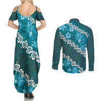 Vintage Dark Cyan Polynesia Couples Matching Summer Maxi Dress and Long Sleeve Button Shirt Plumeria With Hibiscus Tropical Vibes LT14 - Polynesian Pride