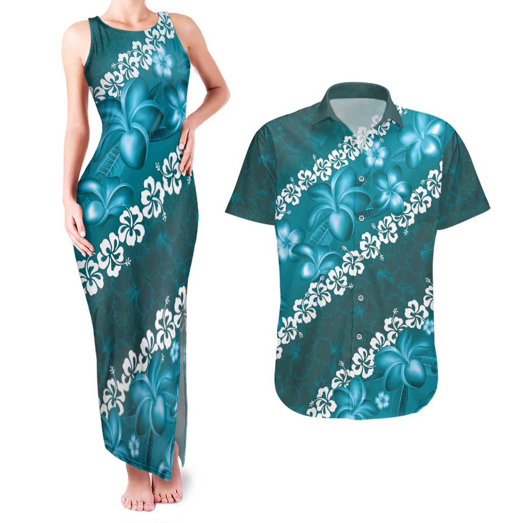 Vintage Dark Cyan Polynesia Couples Matching Tank Maxi Dress and Hawaiian Shirt Plumeria With Hibiscus Tropical Vibes LT14 Dark Cyan - Polynesian Pride