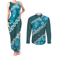 Vintage Dark Cyan Polynesia Couples Matching Tank Maxi Dress and Long Sleeve Button Shirt Plumeria With Hibiscus Tropical Vibes LT14 Dark Cyan - Polynesian Pride