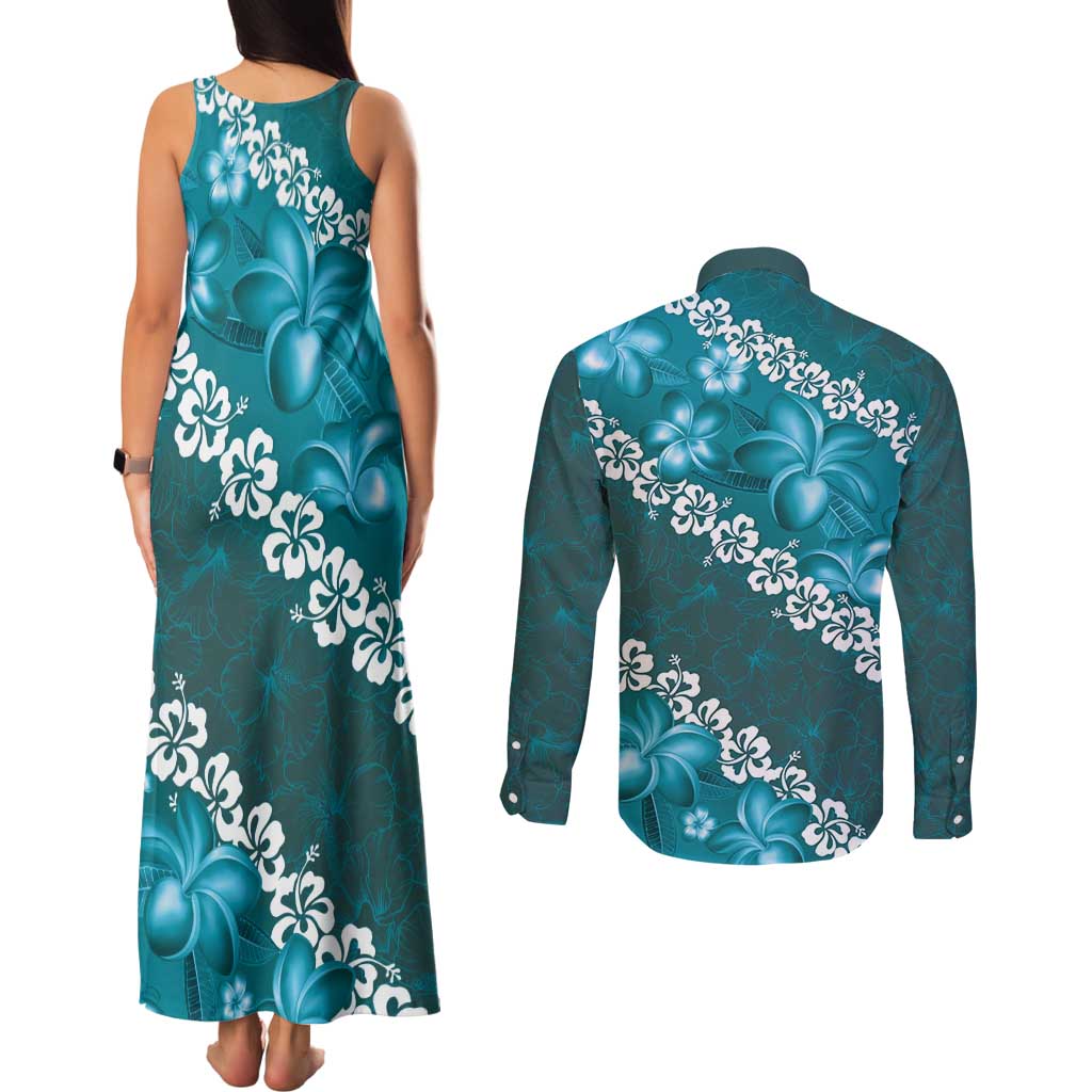 Vintage Dark Cyan Polynesia Couples Matching Tank Maxi Dress and Long Sleeve Button Shirt Plumeria With Hibiscus Tropical Vibes LT14 - Polynesian Pride