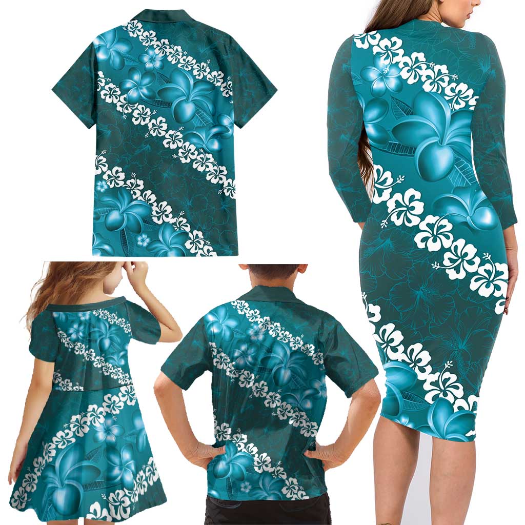 Vintage Dark Cyan Polynesia Family Matching Long Sleeve Bodycon Dress and Hawaiian Shirt Plumeria With Hibiscus Tropical Vibes LT14 - Polynesian Pride