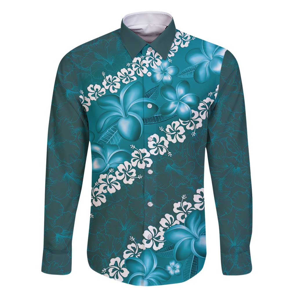 Vintage Dark Cyan Polynesia Family Matching Long Sleeve Bodycon Dress and Hawaiian Shirt Plumeria With Hibiscus Tropical Vibes LT14 Dad's Shirt - Long Sleeve Dark Cyan - Polynesian Pride