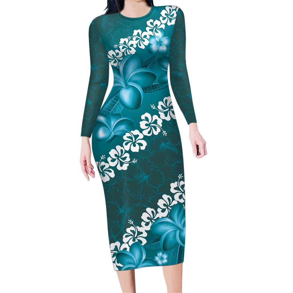 Vintage Dark Cyan Polynesia Family Matching Long Sleeve Bodycon Dress and Hawaiian Shirt Plumeria With Hibiscus Tropical Vibes LT14 Mom's Dress Dark Cyan - Polynesian Pride