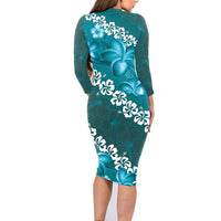 Vintage Dark Cyan Polynesia Family Matching Long Sleeve Bodycon Dress and Hawaiian Shirt Plumeria With Hibiscus Tropical Vibes LT14 - Polynesian Pride