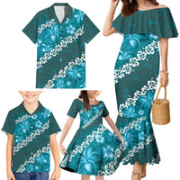 Vintage Dark Cyan Polynesia Family Matching Mermaid Dress and Hawaiian Shirt Plumeria With Hibiscus Tropical Vibes LT14 - Polynesian Pride