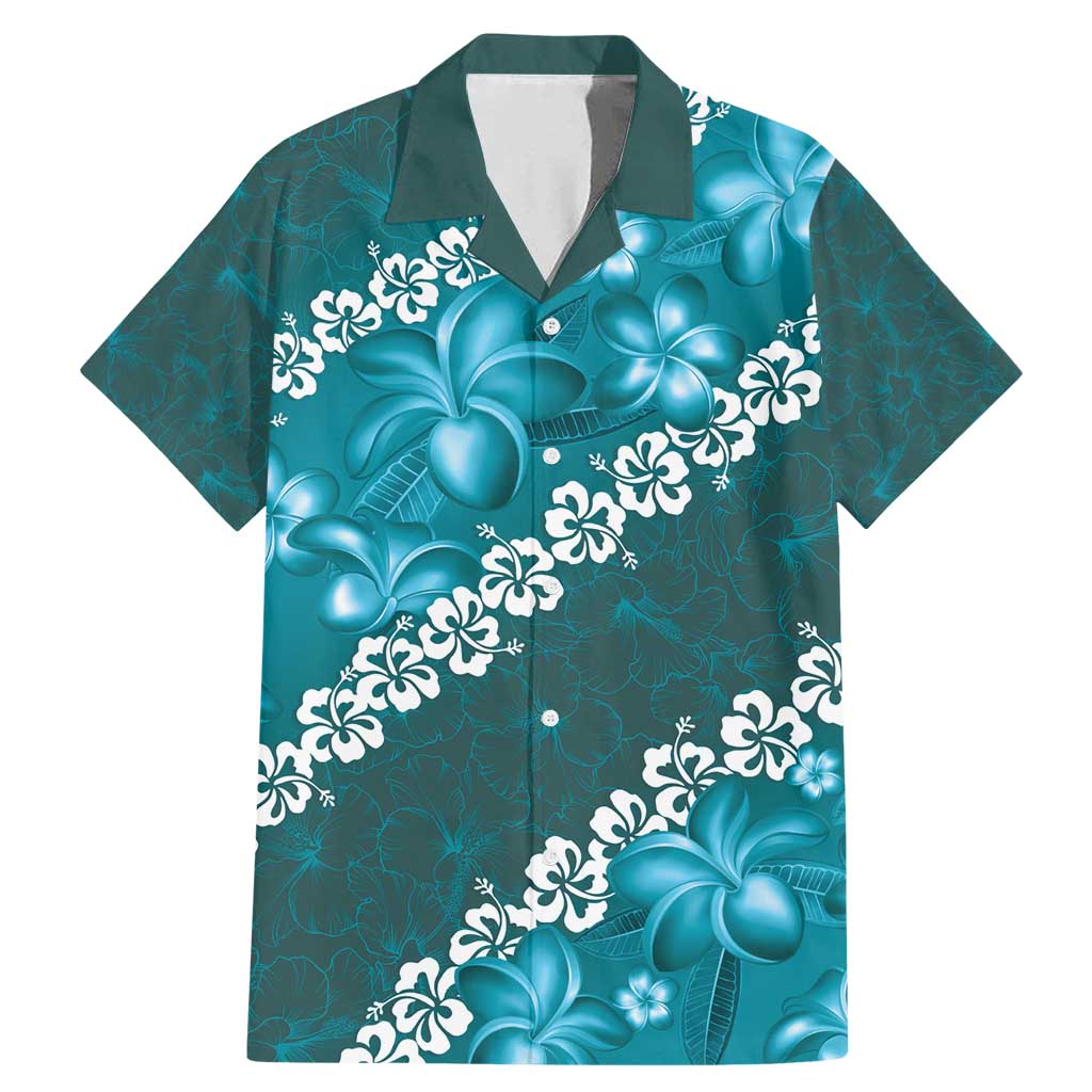 Vintage Dark Cyan Polynesia Family Matching Mermaid Dress and Hawaiian Shirt Plumeria With Hibiscus Tropical Vibes LT14 Dad's Shirt - Short Sleeve Dark Cyan - Polynesian Pride