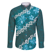 Vintage Dark Cyan Polynesia Family Matching Mermaid Dress and Hawaiian Shirt Plumeria With Hibiscus Tropical Vibes LT14 Dad's Shirt - Long Sleeve Dark Cyan - Polynesian Pride