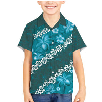 Vintage Dark Cyan Polynesia Family Matching Mermaid Dress and Hawaiian Shirt Plumeria With Hibiscus Tropical Vibes LT14 Son's Shirt Dark Cyan - Polynesian Pride