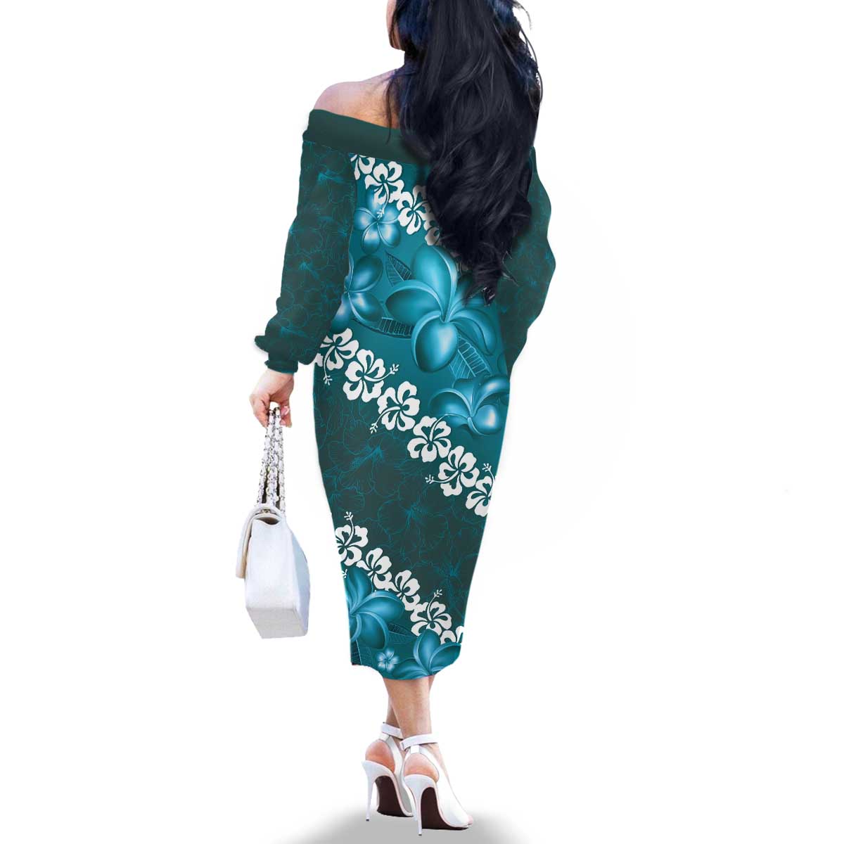 Vintage Dark Cyan Polynesia Family Matching Off The Shoulder Long Sleeve Dress and Hawaiian Shirt Plumeria With Hibiscus Tropical Vibes LT14 - Polynesian Pride