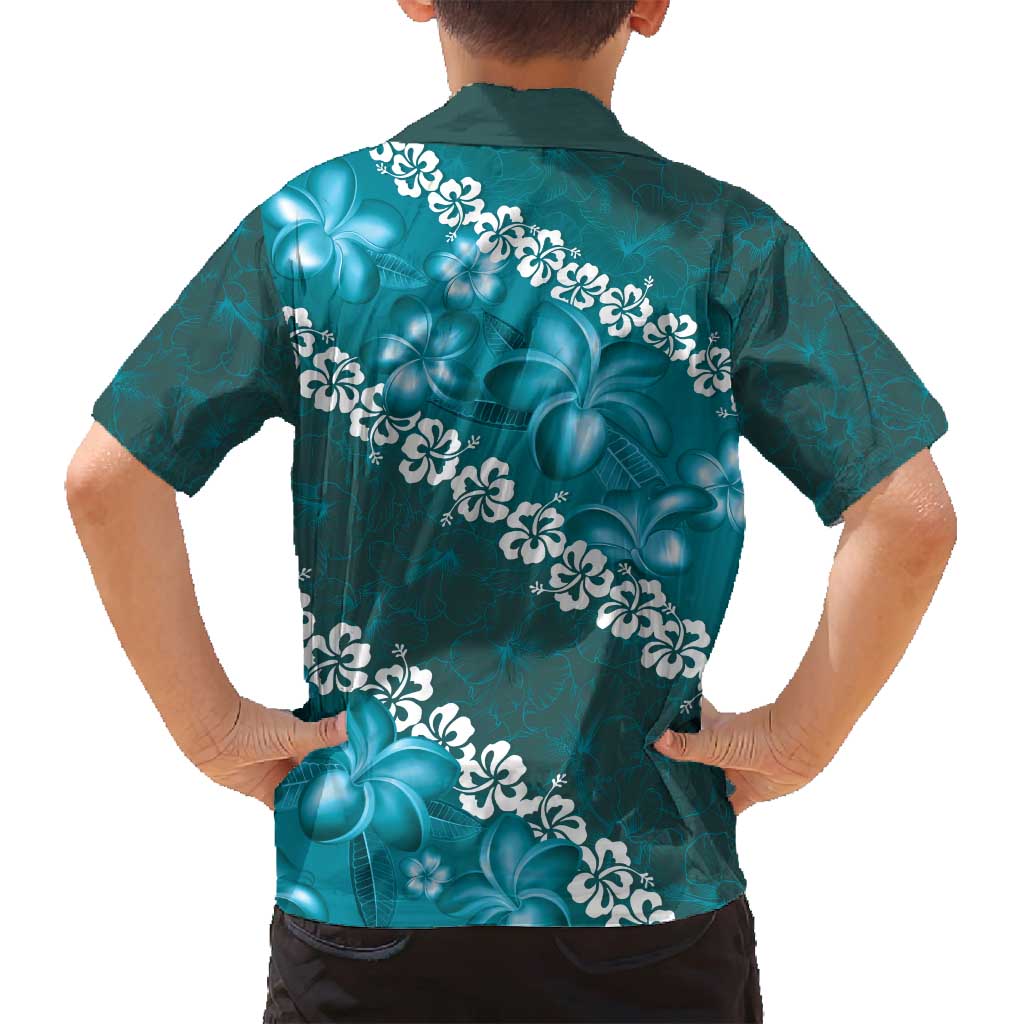 Vintage Dark Cyan Polynesia Family Matching Off Shoulder Maxi Dress and Hawaiian Shirt Plumeria With Hibiscus Tropical Vibes LT14 - Polynesian Pride