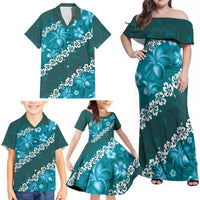 Vintage Dark Cyan Polynesia Family Matching Off Shoulder Maxi Dress and Hawaiian Shirt Plumeria With Hibiscus Tropical Vibes LT14 - Polynesian Pride