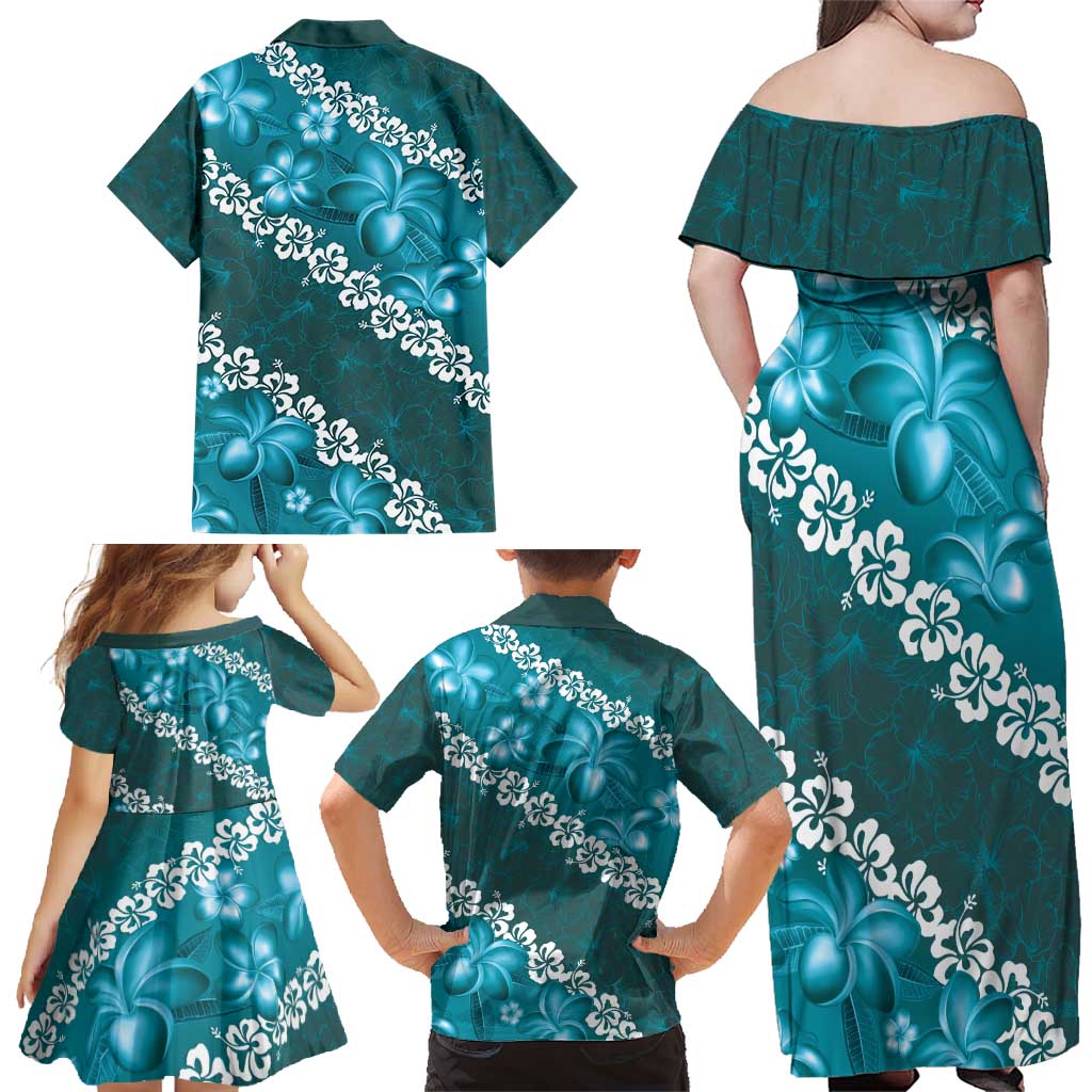 Vintage Dark Cyan Polynesia Family Matching Off Shoulder Maxi Dress and Hawaiian Shirt Plumeria With Hibiscus Tropical Vibes LT14 - Polynesian Pride