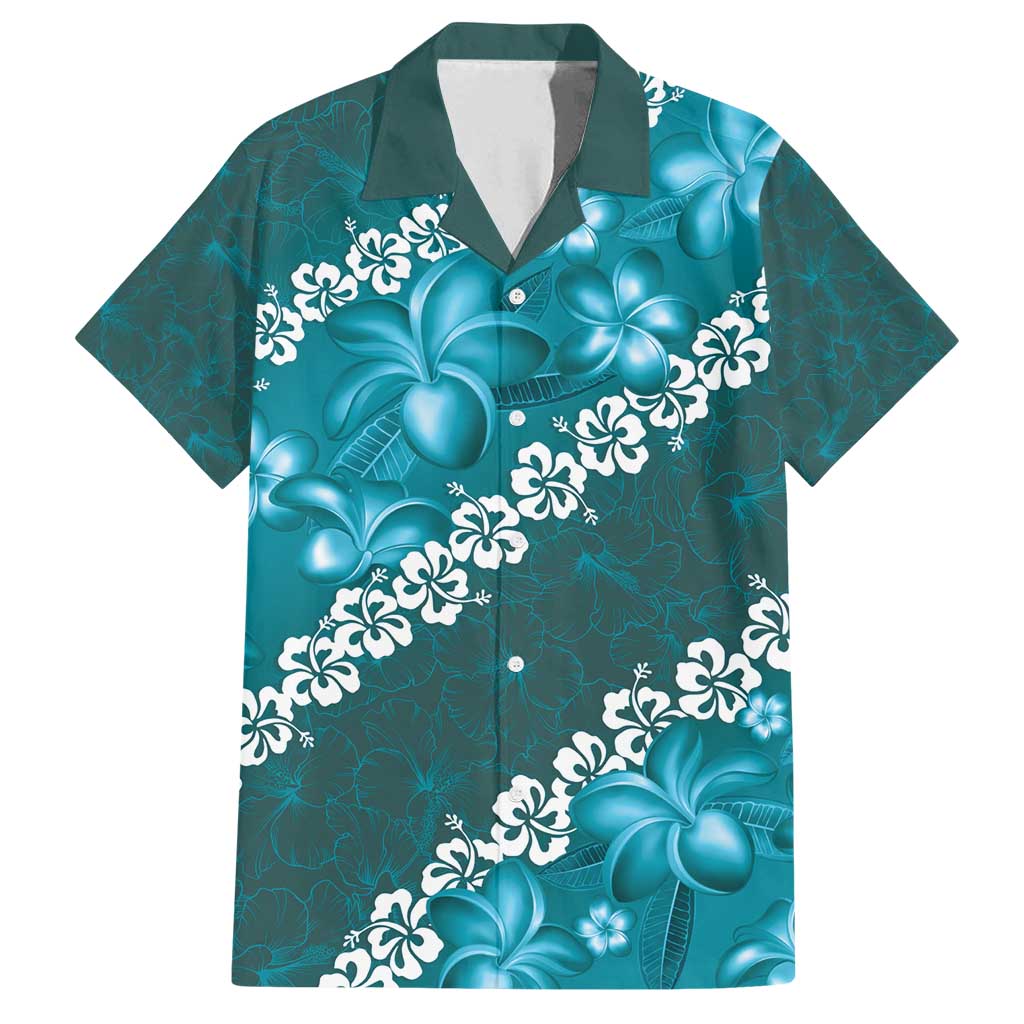 Vintage Dark Cyan Polynesia Family Matching Off Shoulder Maxi Dress and Hawaiian Shirt Plumeria With Hibiscus Tropical Vibes LT14 Dad's Shirt - Short Sleeve Dark Cyan - Polynesian Pride