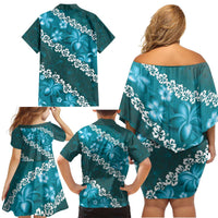 Vintage Dark Cyan Polynesia Family Matching Off Shoulder Short Dress and Hawaiian Shirt Plumeria With Hibiscus Tropical Vibes LT14 - Polynesian Pride