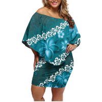 Vintage Dark Cyan Polynesia Family Matching Off Shoulder Short Dress and Hawaiian Shirt Plumeria With Hibiscus Tropical Vibes LT14 Mom's Dress Dark Cyan - Polynesian Pride