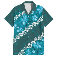 Vintage Dark Cyan Polynesia Family Matching Puletasi and Hawaiian Shirt Plumeria With Hibiscus Tropical Vibes LT14 Dad's Shirt - Short Sleeve Dark Cyan - Polynesian Pride