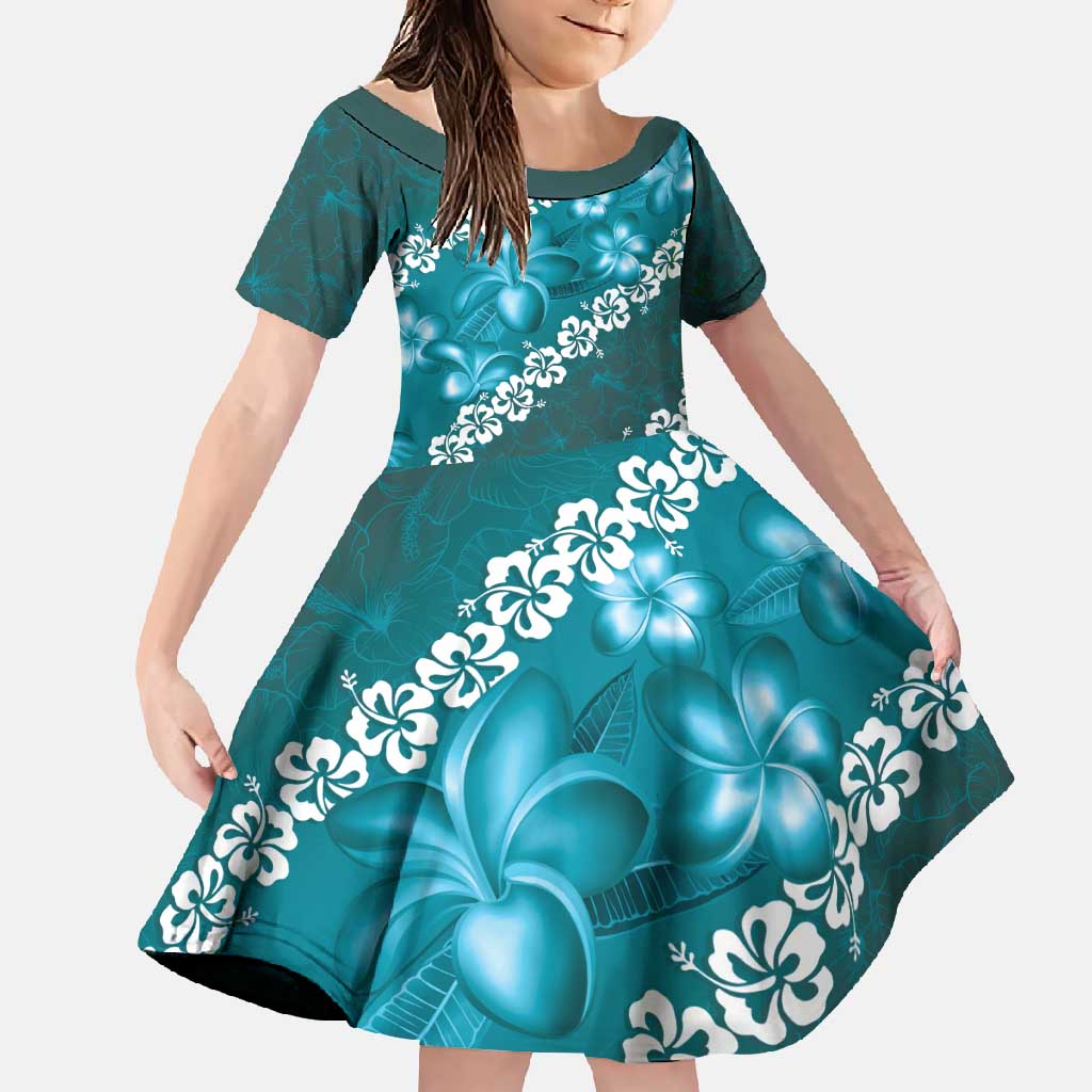 Vintage Dark Cyan Polynesia Family Matching Short Sleeve Bodycon Dress and Hawaiian Shirt Plumeria With Hibiscus Tropical Vibes LT14 Daughter's Dress Dark Cyan - Polynesian Pride