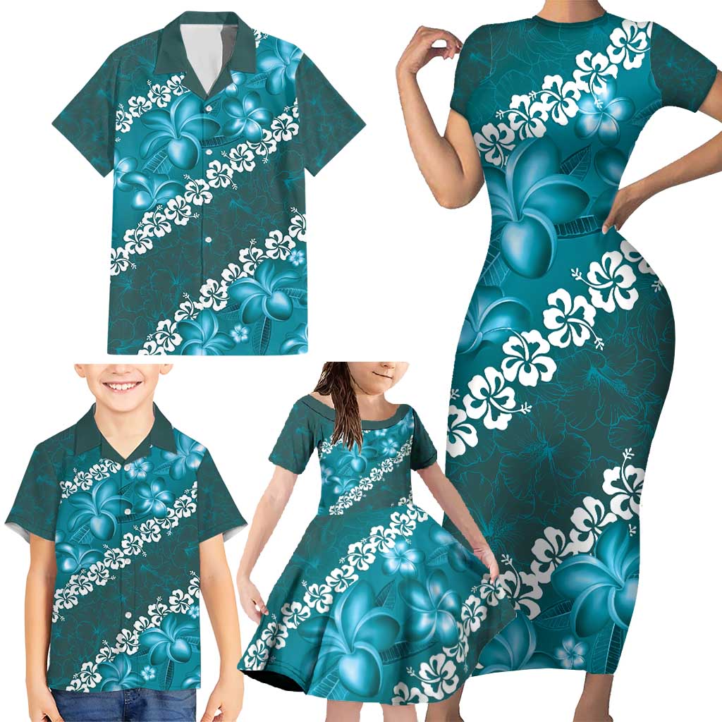 Vintage Dark Cyan Polynesia Family Matching Short Sleeve Bodycon Dress and Hawaiian Shirt Plumeria With Hibiscus Tropical Vibes LT14 - Polynesian Pride