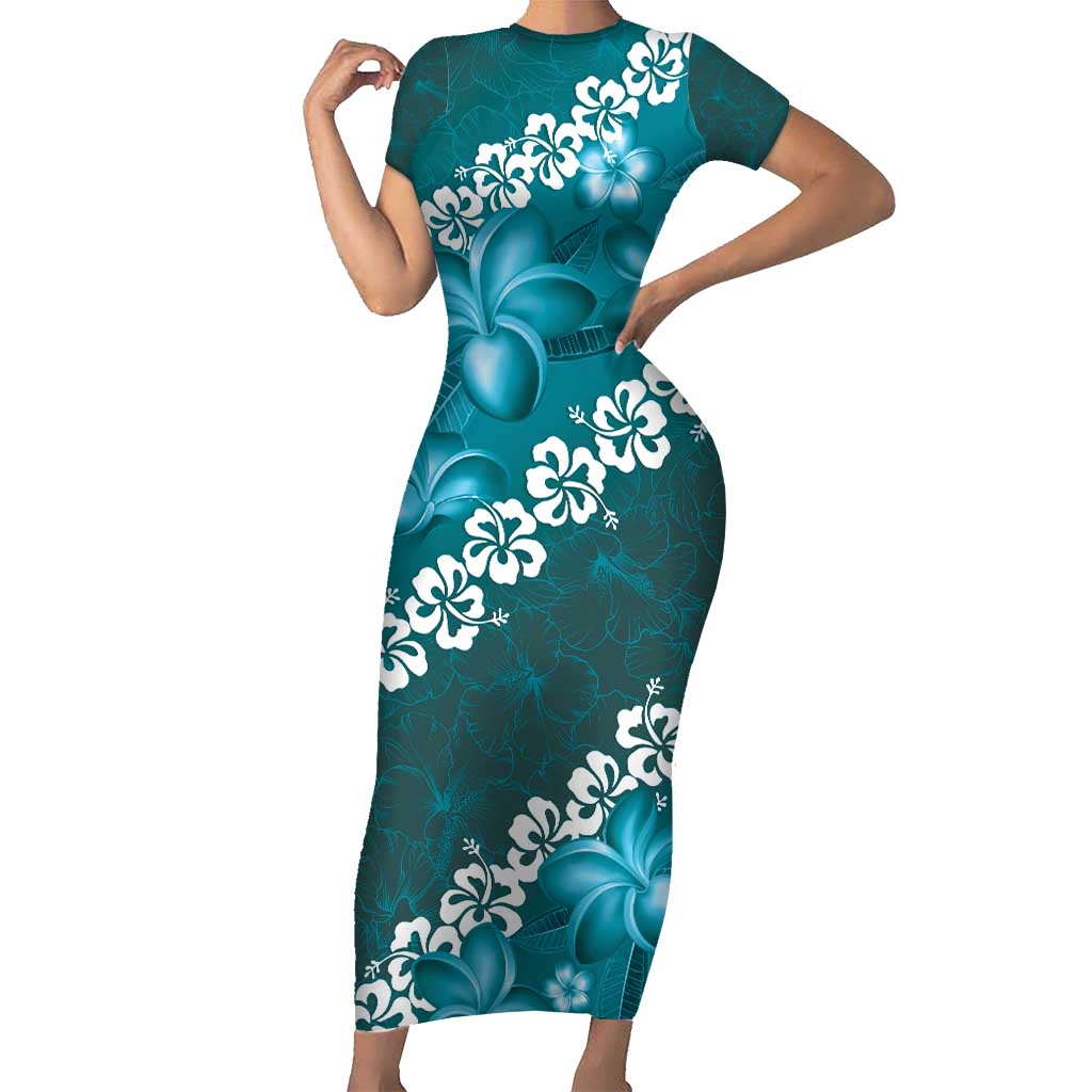 Vintage Dark Cyan Polynesia Family Matching Short Sleeve Bodycon Dress and Hawaiian Shirt Plumeria With Hibiscus Tropical Vibes LT14 Mom's Dress Dark Cyan - Polynesian Pride