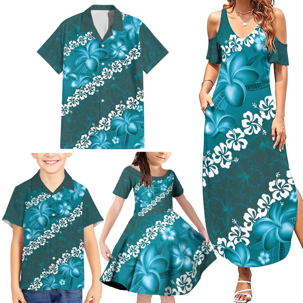 Vintage Dark Cyan Polynesia Family Matching Summer Maxi Dress and Hawaiian Shirt Plumeria With Hibiscus Tropical Vibes LT14 - Polynesian Pride