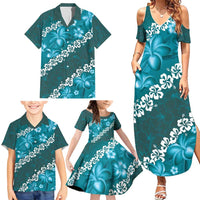 Vintage Dark Cyan Polynesia Family Matching Summer Maxi Dress and Hawaiian Shirt Plumeria With Hibiscus Tropical Vibes LT14 - Polynesian Pride