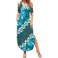 Vintage Dark Cyan Polynesia Family Matching Summer Maxi Dress and Hawaiian Shirt Plumeria With Hibiscus Tropical Vibes LT14 Mom's Dress Dark Cyan - Polynesian Pride