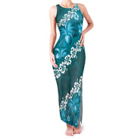 Vintage Dark Cyan Polynesia Family Matching Tank Maxi Dress and Hawaiian Shirt Plumeria With Hibiscus Tropical Vibes LT14 Mom's Dress Dark Cyan - Polynesian Pride