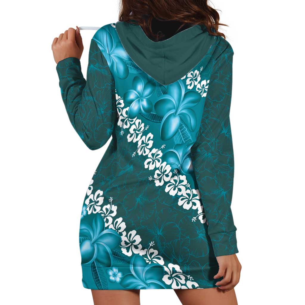 Vintage Dark Cyan Polynesia Hoodie Dress Plumeria With Hibiscus Tropical Vibes LT14 - Polynesian Pride