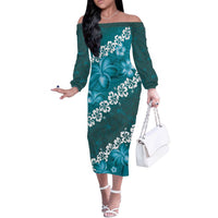 Vintage Dark Cyan Polynesia Off The Shoulder Long Sleeve Dress Plumeria With Hibiscus Tropical Vibes LT14 Women Dark Cyan - Polynesian Pride