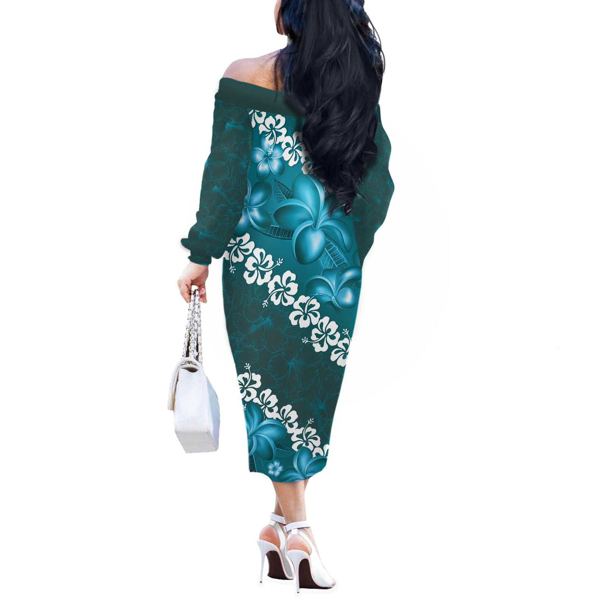 Vintage Dark Cyan Polynesia Off The Shoulder Long Sleeve Dress Plumeria With Hibiscus Tropical Vibes LT14 - Polynesian Pride