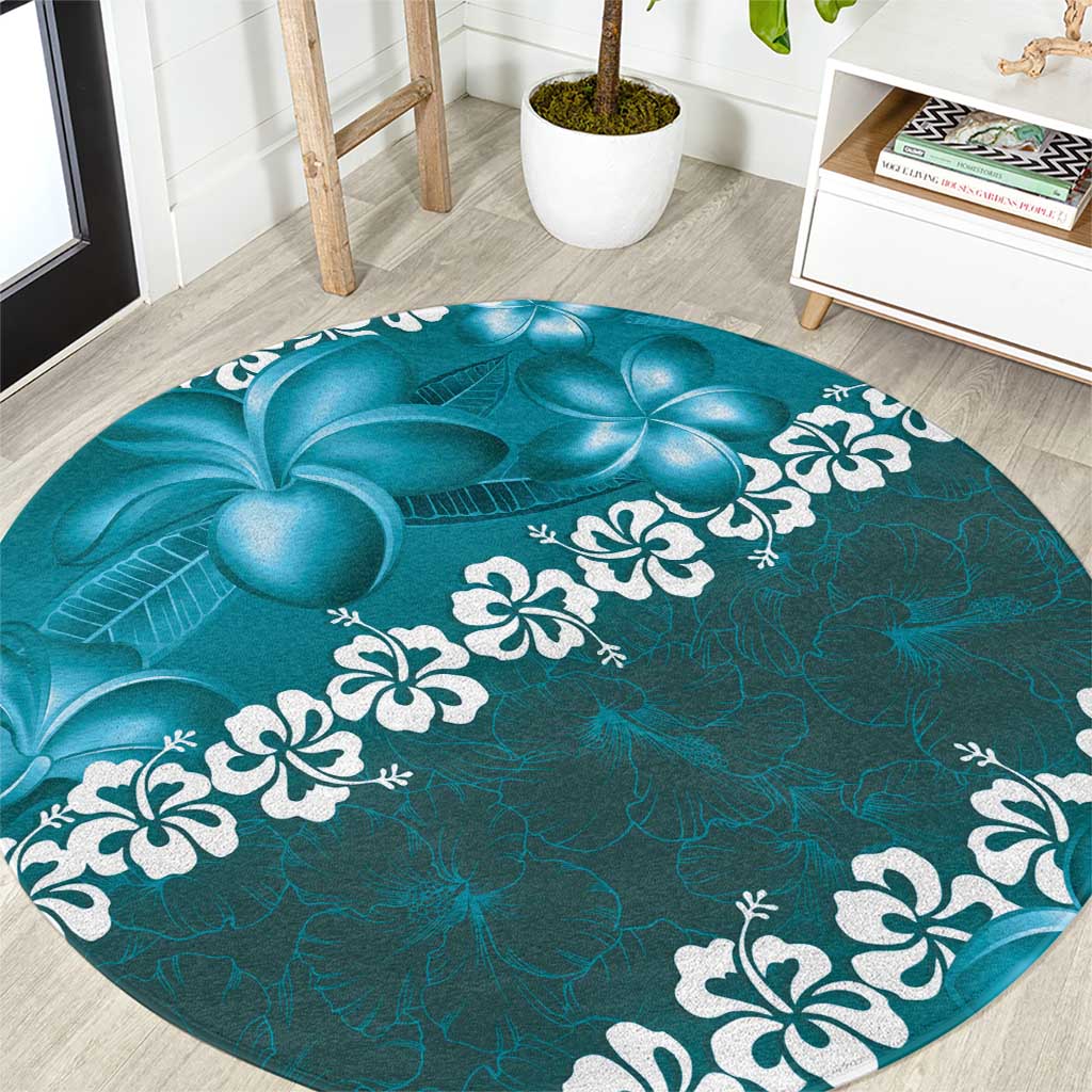 Vintage Dark Cyan Polynesia Round Carpet Plumeria With Hibiscus Tropical Vibes LT14 Dark Cyan - Polynesian Pride