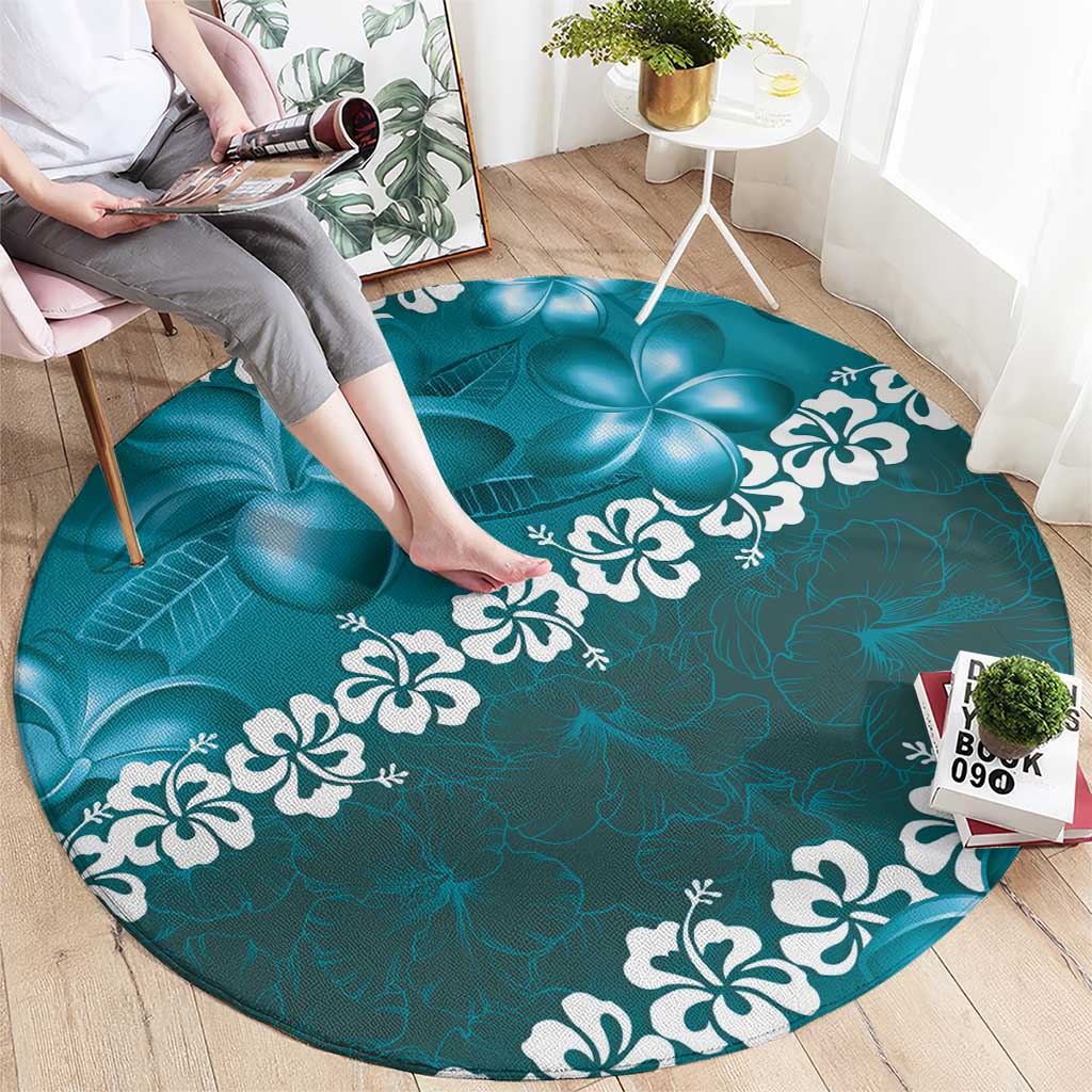Vintage Dark Cyan Polynesia Round Carpet Plumeria With Hibiscus Tropical Vibes LT14 - Polynesian Pride
