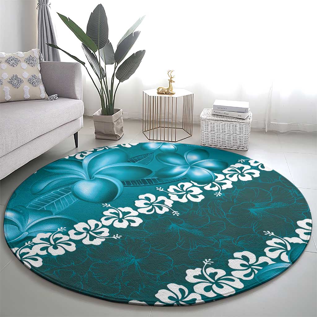 Vintage Dark Cyan Polynesia Round Carpet Plumeria With Hibiscus Tropical Vibes LT14 - Polynesian Pride