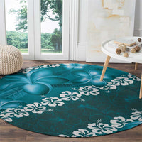 Vintage Dark Cyan Polynesia Round Carpet Plumeria With Hibiscus Tropical Vibes LT14 - Polynesian Pride