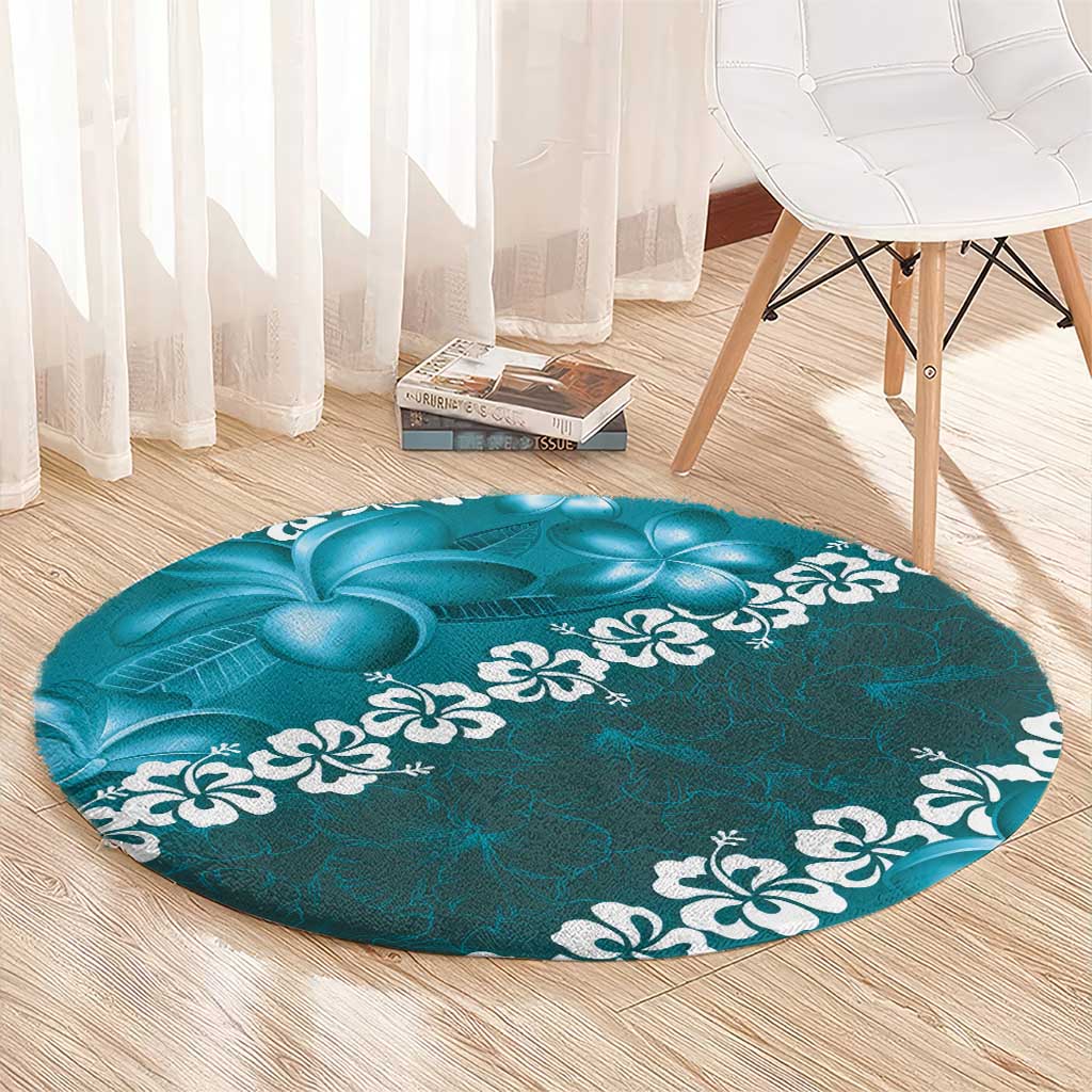 Vintage Dark Cyan Polynesia Round Carpet Plumeria With Hibiscus Tropical Vibes LT14 - Polynesian Pride