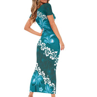 Vintage Dark Cyan Polynesia Short Sleeve Bodycon Dress Plumeria With Hibiscus Tropical Vibes LT14 - Polynesian Pride
