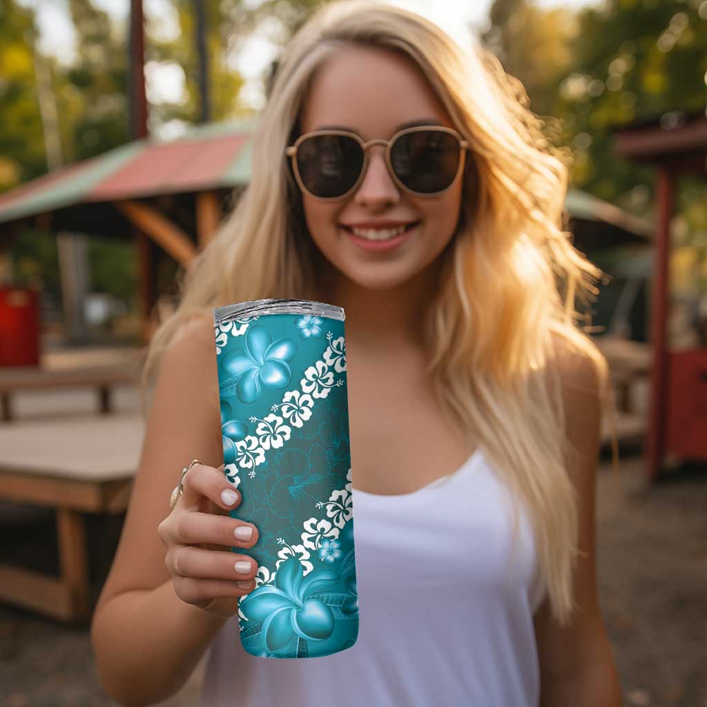 Vintage Dark Cyan Polynesia Skinny Tumbler Plumeria With Hibiscus Tropical Vibes LT14 - Polynesian Pride